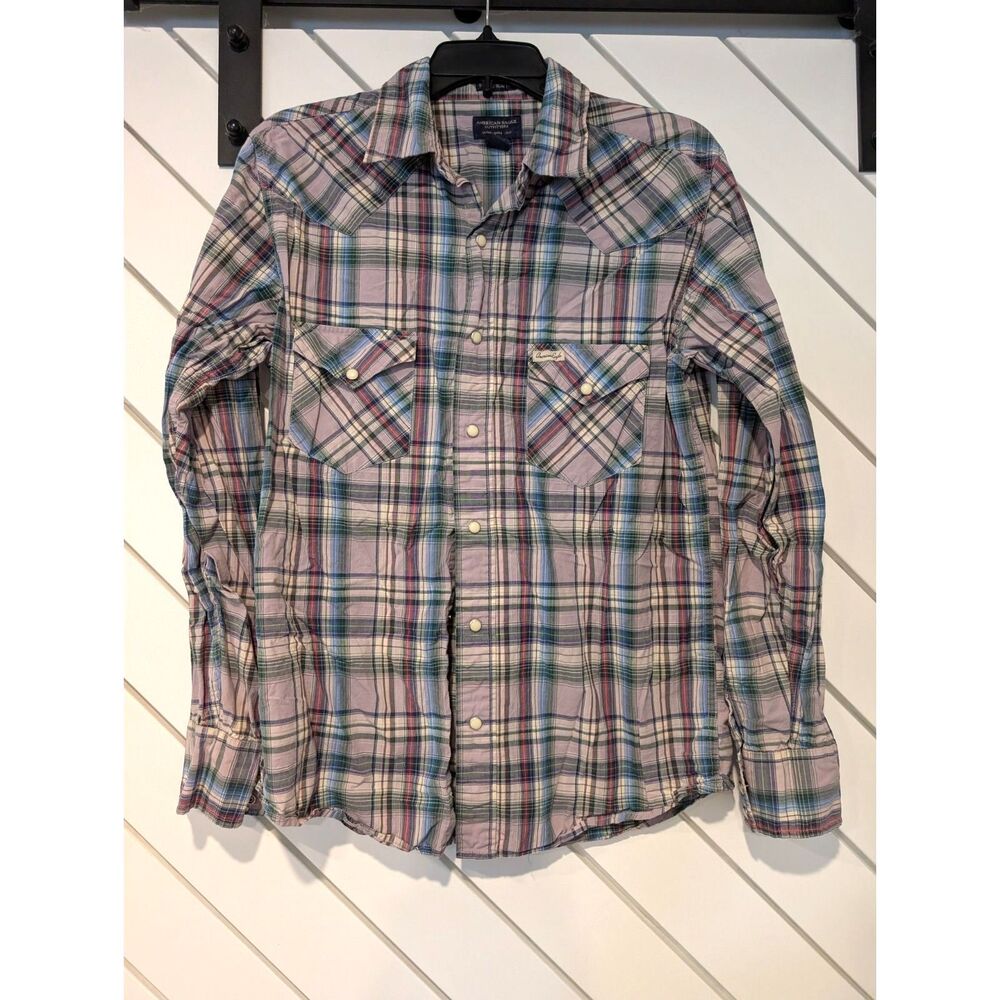 Vintage American Eagle Men Log Sleeve Plaid Pearl Snap Button Down Shirt Med